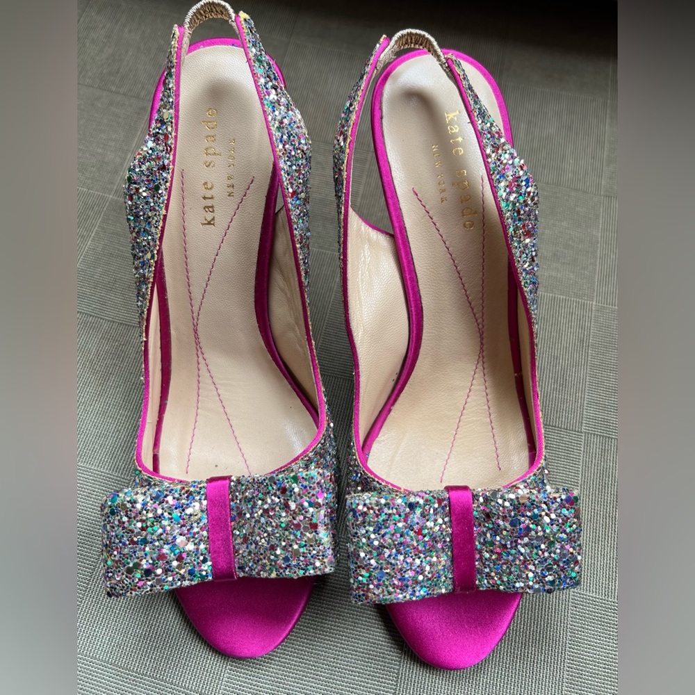 Kate Spade Fuchsia Pink Glitter Bow Heels 6.5 Shoes Sequin Peep Toe HOST PICK 💖